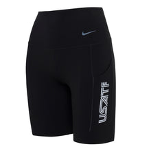 Nike USATF Women's black high-waisted 8-inch shorts with side pockets and logo detail.
