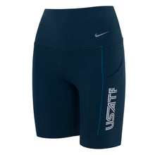 A pair of navy Nike USATF women's high-waisted 8-inch shorts with side pockets and a logo on the left leg.