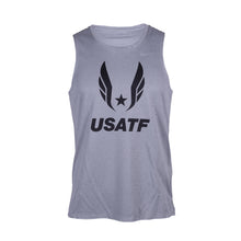 Nike USATF Men's DRI-FIT Miler Tank in gray color, featuring a sleeveless design with a graphic of wings and the USATF logo on the front.