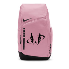 Pink backpack with black logo on a white background