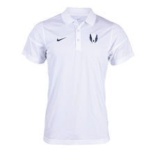 A white Nike USATF Men's Dri-FIT Team Polo with a three-button placket and a logo on the chest.