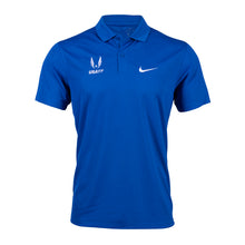 A blue Nike USATF Men's Dri-FIT Victory Polo with a collar, short sleeves, and a 2-button placket.