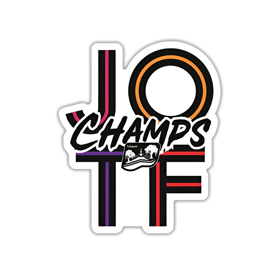 Sticker with 'JOTF Champs' design on a white background