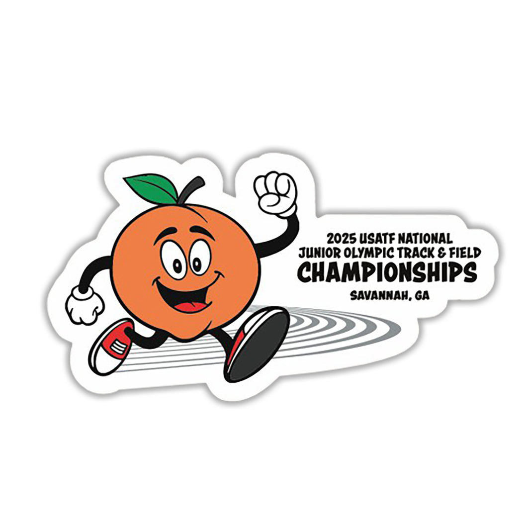 Sticker of a cartoon peach character running with text for 2025 USATF National Junior Olympic Track & Field Championships in Savannah, GA.