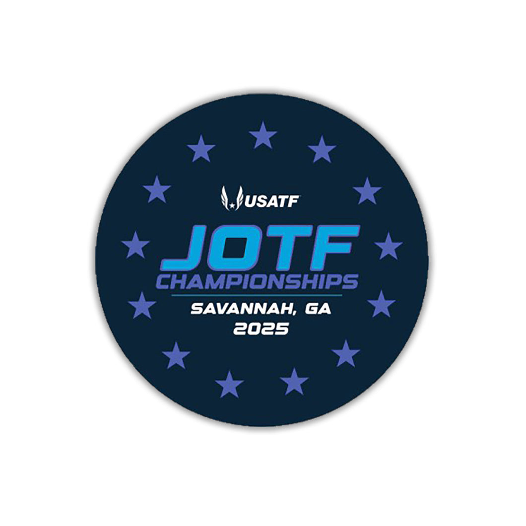Circular sticker with USATF JOTF Championships text and stars on a blue background