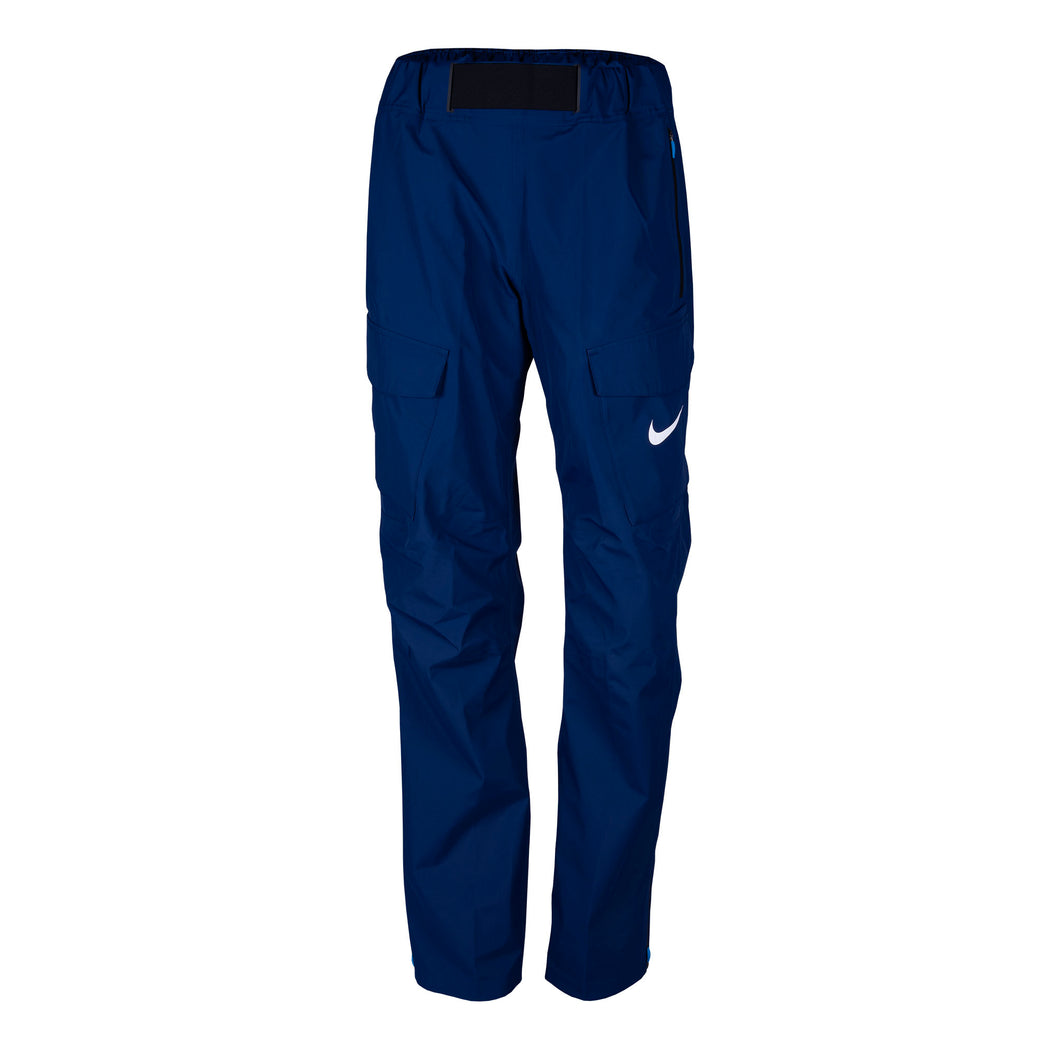 A pair of blue Nike Team USA rain pants with zippered pockets and an elastic waistband.