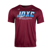 Maroon t-shirt with blue and white text on a white background