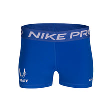 Blue athletic shorts with Nike Pro waistband on a white background