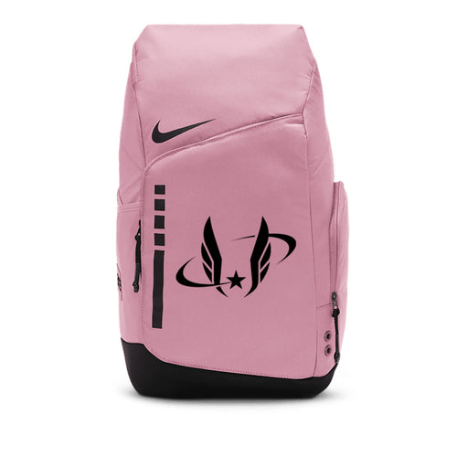 Pink backpack with black logo on a white background