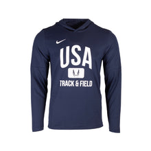 Navy blue hoodie with 'USA Track & Field' text on a white background