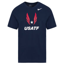 Navy blue t-shirt with USATF logo on a white background