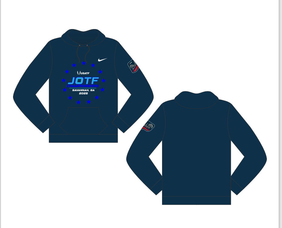 Navy blue hoodie with logos and text on a white background