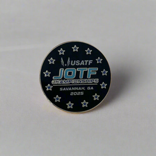 Black and silver round lapel pin with 2025 USATF JOTF Championships