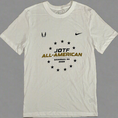 White t-shirt with black and gold text and logos