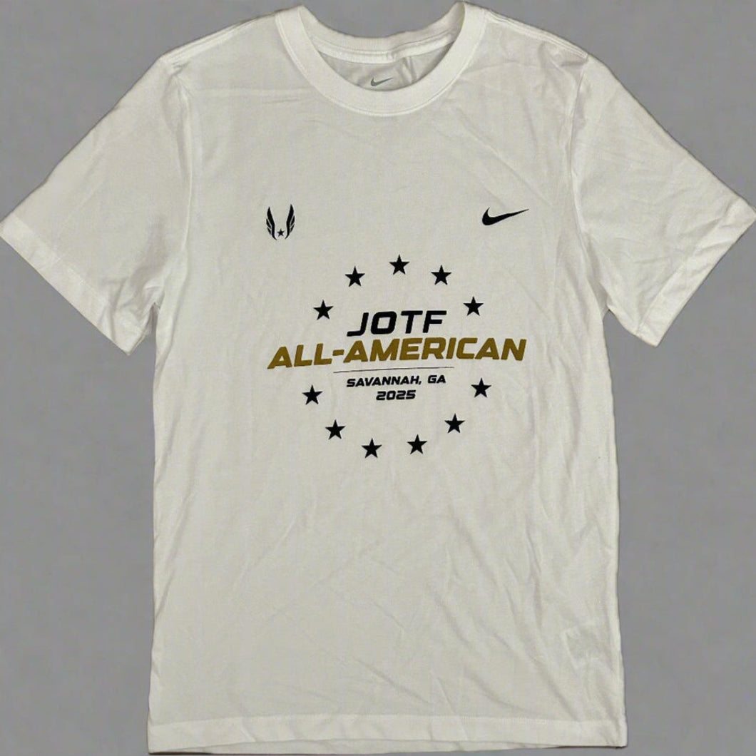 White t-shirt with black and gold text and logos