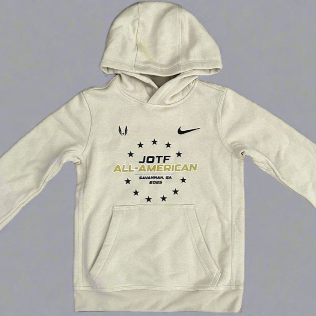 Gold hoodie with JOTF All-American text and Nike logo