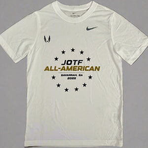 White t-shirt with 'JOTF All-American' text and Nike logo