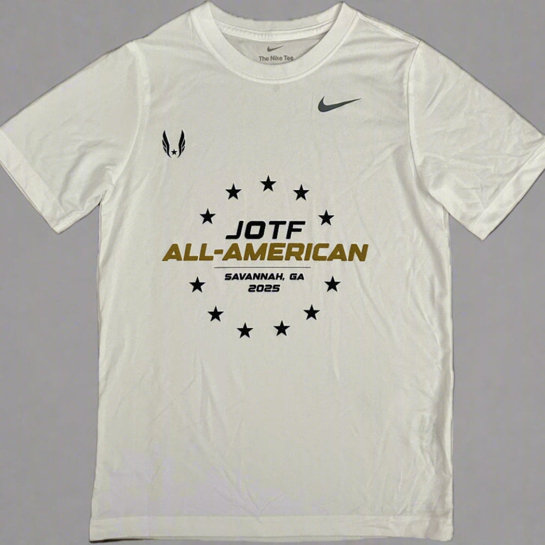 White t-shirt with 'JOTF All-American' text and Nike logo